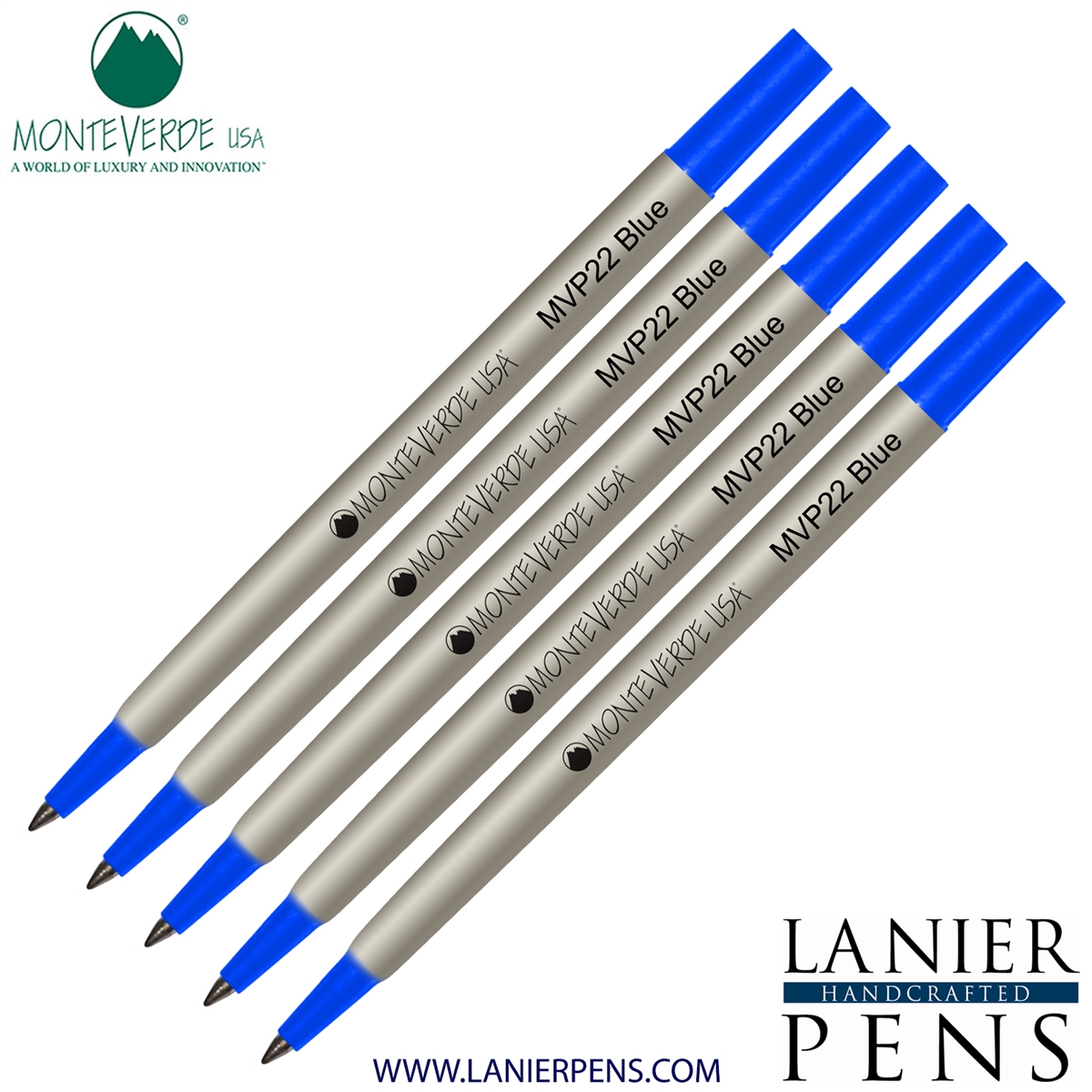 5 Pack - Monteverde Rollerball P22 Paste Ink Refill Compatible with most Parker Style Rollerball Pens - Blue (Fine Tip 0.6mm) - Lanier Pens