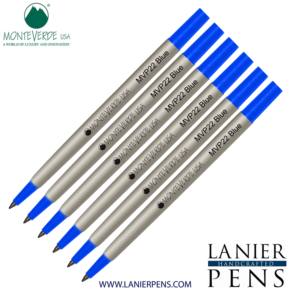 6 Pack - Monteverde Rollerball P22 Paste Ink Refill Compatible with most Parker Style Rollerball Pens - Blue (Fine Tip 0.6mm) - Lanier Pens