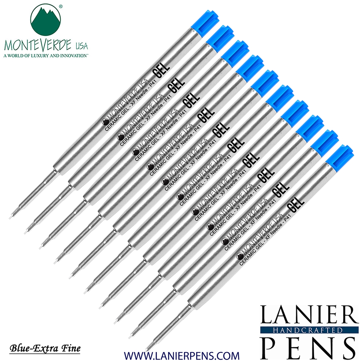 10 Pack - Monteverde Capless Ceramic Gel P41 Ink Refill Compatible with most Parker Style Ballpoint Pens - Blue (Extra Fine 0.5mm) - Lanier Pens
