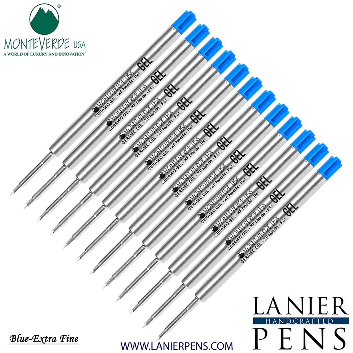 12 Pack - Monteverde Capless Ceramic Gel P41 Ink Refill Compatible with most Parker Style Ballpoint Pens - Blue (Extra Fine 0.5mm) - Lanier Pens