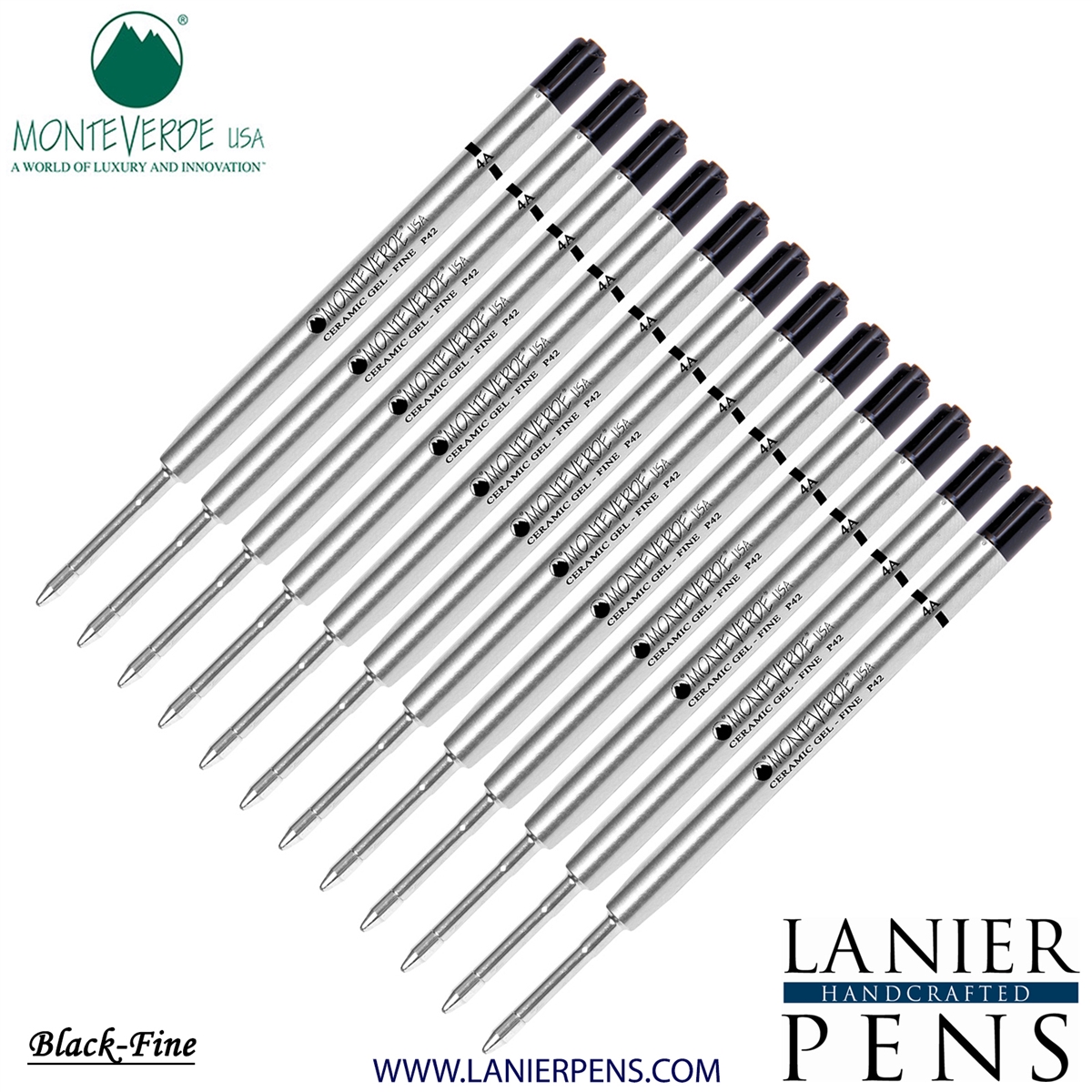 12 Pack - Monteverde Capless Ceramic Gel P42 Ink Refill Compatible with most Parker Style Ballpoint Pens - Black (Fine Tip 0.6mm) - Lanier Pens