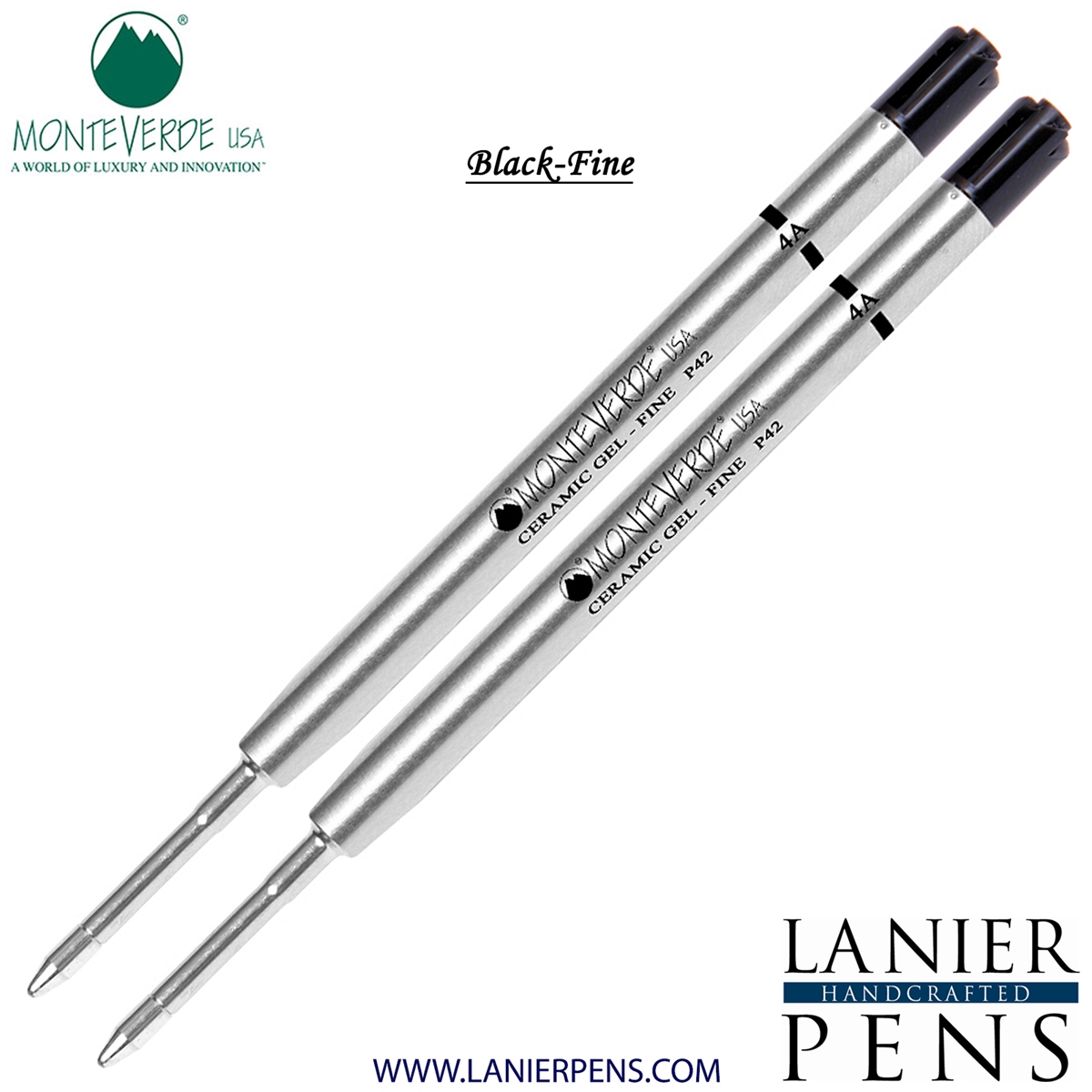 2 Pack - Monteverde Capless Ceramic Gel P42 Ink Refill Compatible with most Parker Style Ballpoint Pens - Black (Fine Tip 0.6mm) - Lanier Pens