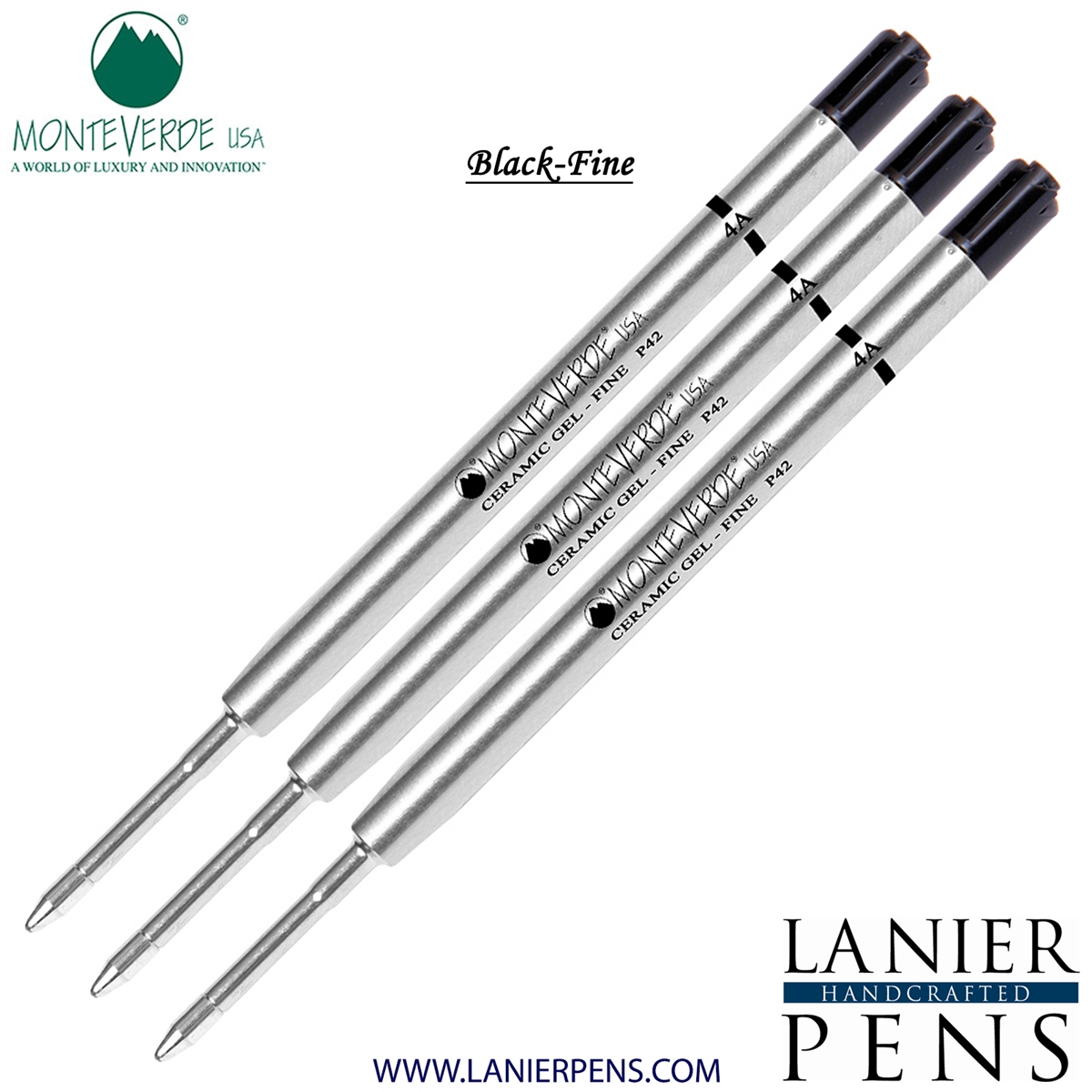 3 Pack - Monteverde Capless Ceramic Gel P42 Ink Refill Compatible with most Parker Style Ballpoint Pens - Black (Fine Tip 0.6mm) - Lanier Pens