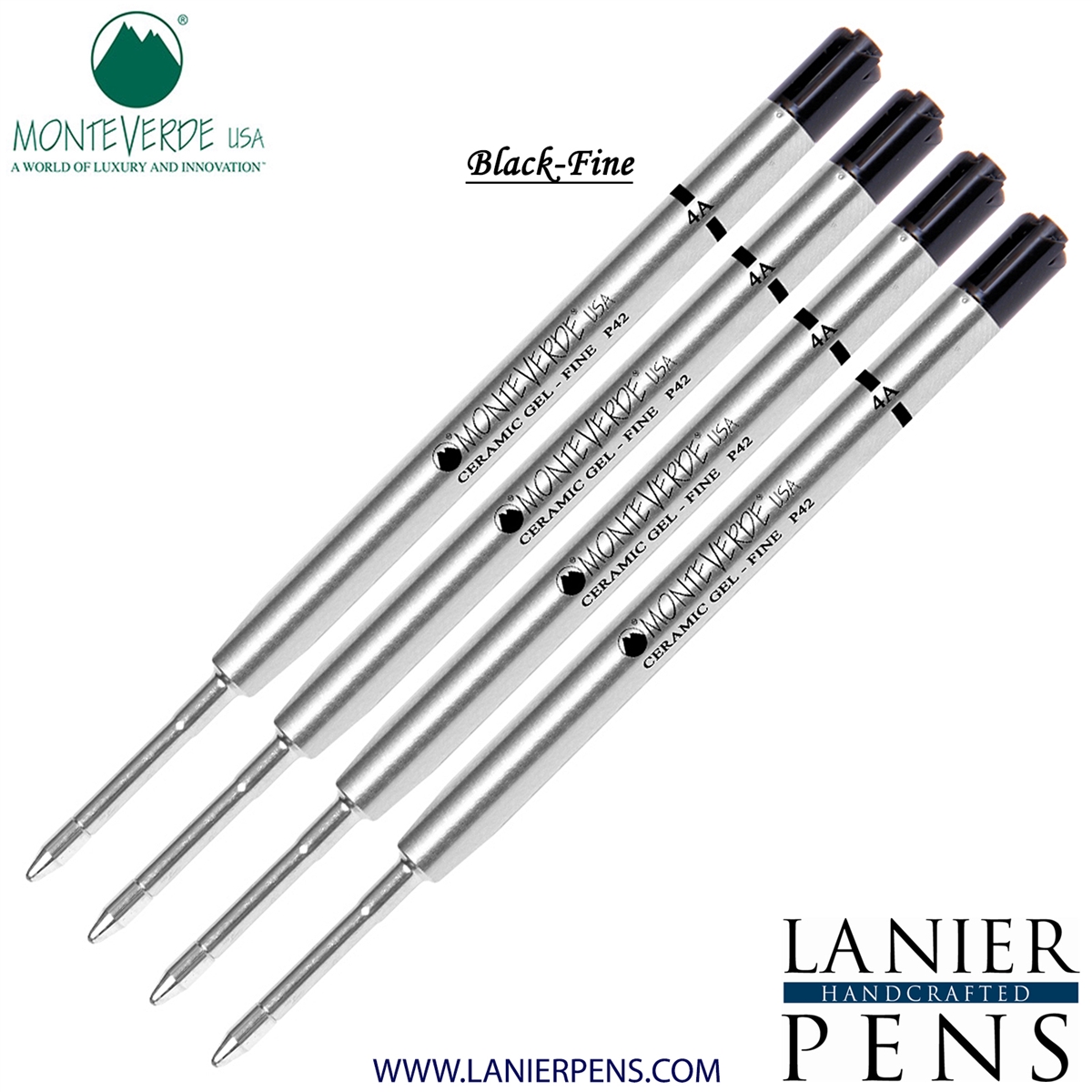 4 Pack - Monteverde Capless Ceramic Gel P42 Ink Refill Compatible with most Parker Style Ballpoint Pens - Black (Fine Tip 0.6mm) - Lanier Pens