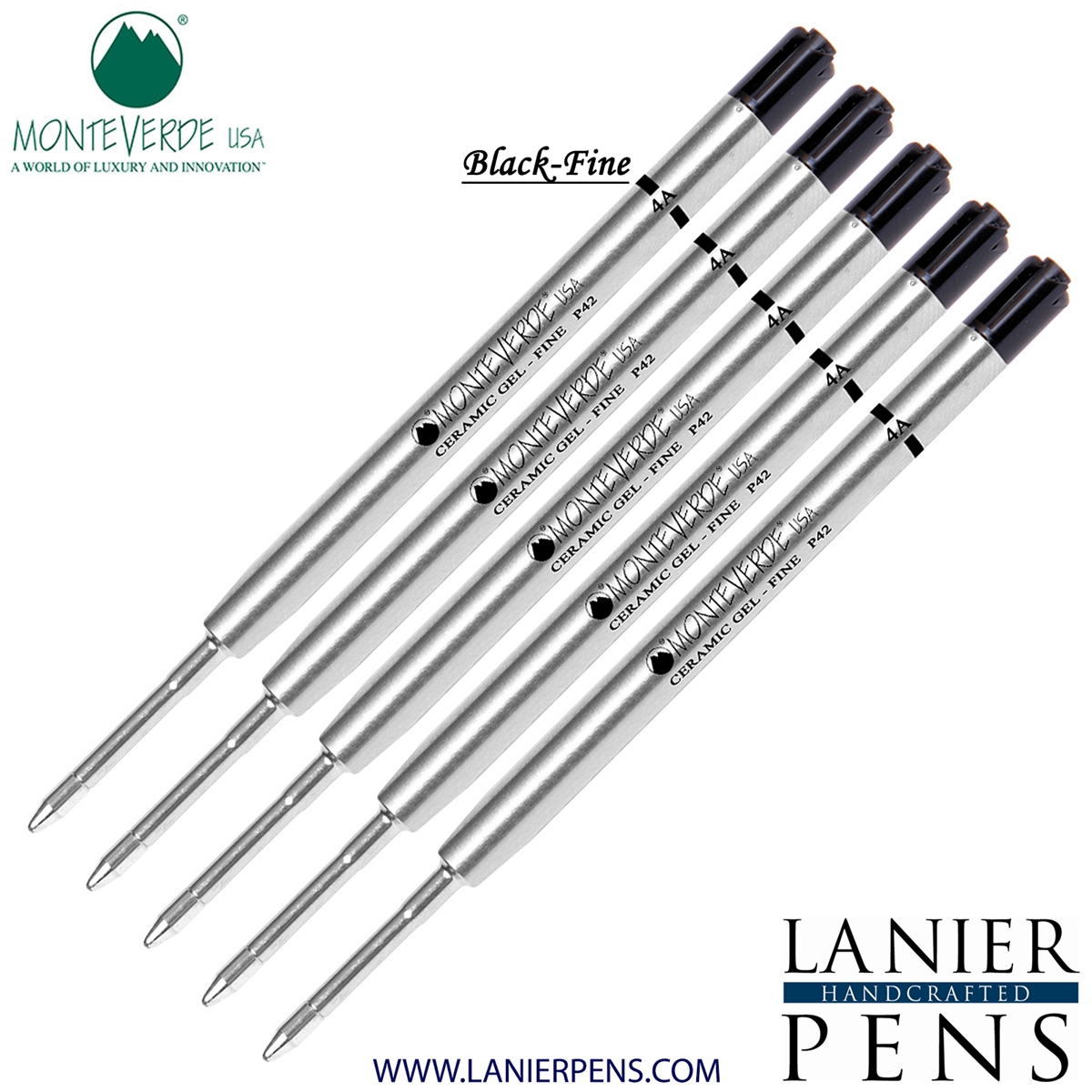 5 Pack - Monteverde Capless Ceramic Gel P42 Ink Refill Compatible with most Parker Style Ballpoint Pens - Black (Fine Tip 0.6mm) - Lanier Pens