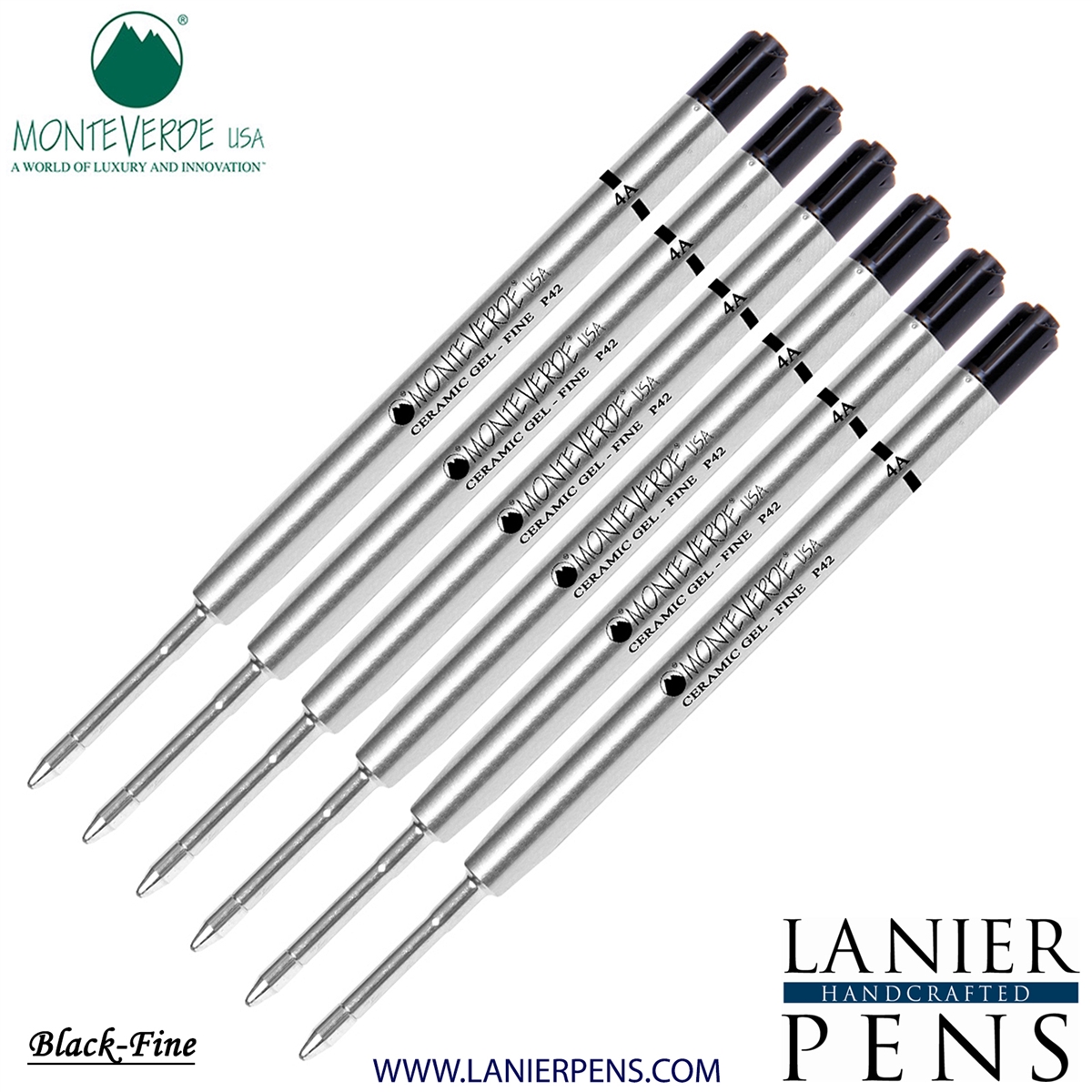 6 Pack - Monteverde Capless Ceramic Gel P42 Ink Refill Compatible with most Parker Style Ballpoint Pens - Black (Fine Tip 0.6mm) - Lanier Pens
