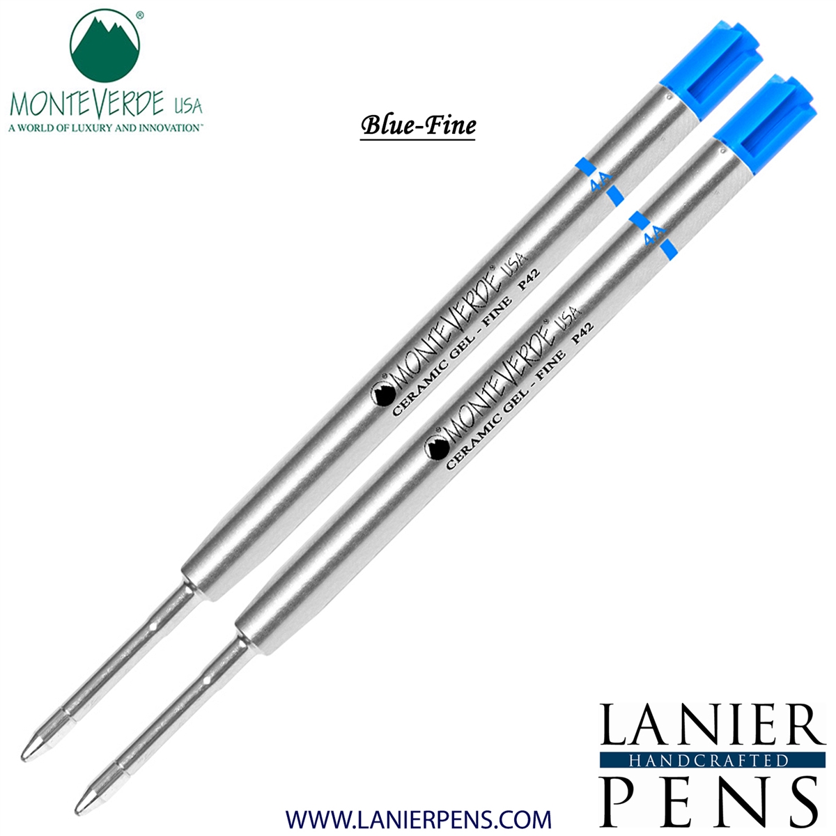 2 Pack - Monteverde Capless Ceramic Gel P42 Ink Refill Compatible with most Parker Style Ballpoint Pens - Blue (Fine Tip 0.6mm) - Lanier Pens