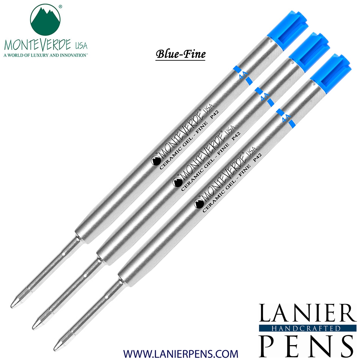 3 Pack - Monteverde Capless Ceramic Gel P42 Ink Refill Compatible with most Parker Style Ballpoint Pens - Blue (Fine Tip 0.6mm) - Lanier Pens