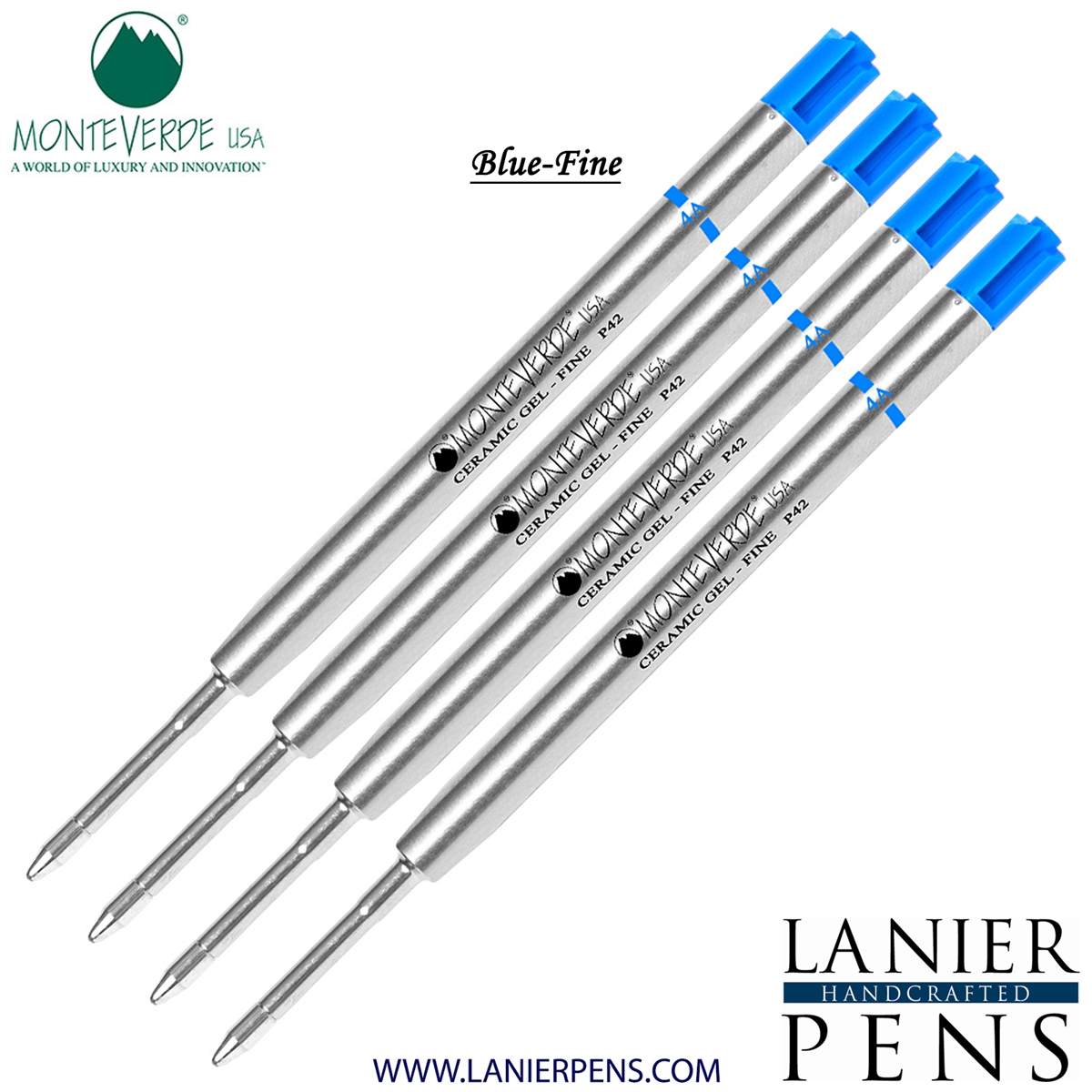 4 Pack - Monteverde Capless Ceramic Gel P42 Ink Refill Compatible with most Parker Style Ballpoint Pens - Blue (Fine Tip 0.6mm) - Lanier Pens