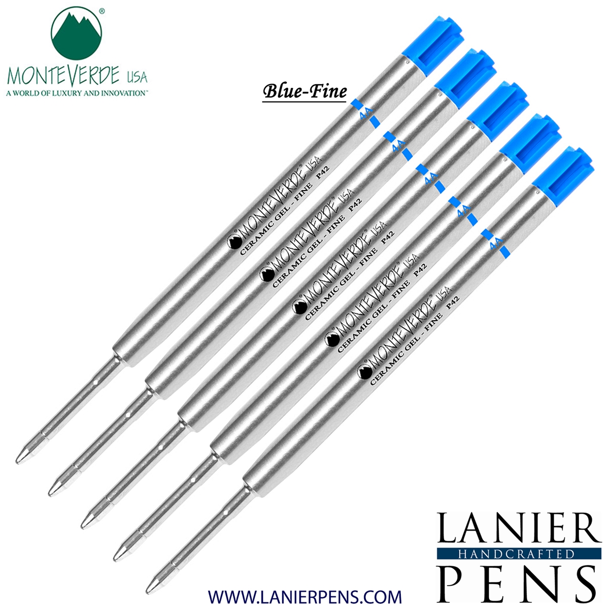 5 Pack - Monteverde Capless Ceramic Gel P42 Ink Refill Compatible with most Parker Style Ballpoint Pens - Blue (Fine Tip 0.6mm) - Lanier Pens