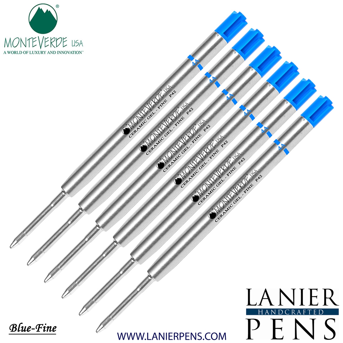 6 Pack - Monteverde Capless Ceramic Gel P42 Ink Refill Compatible with most Parker Style Ballpoint Pens - Blue (Fine Tip 0.6mm) - Lanier Pens