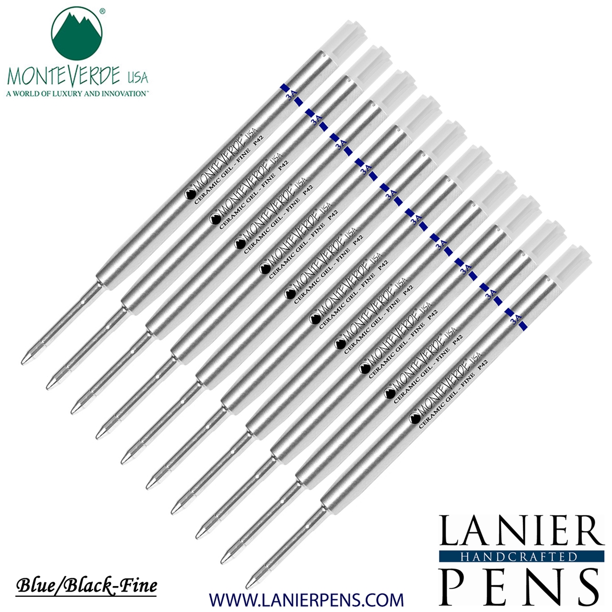 10 Pack - Monteverde Capless Ceramic Gel P42 Ink Refill Compatible with most Parker Style Ballpoint Pens - BlueBlack (Fine Tip 0.6mm) - Lanier Pens