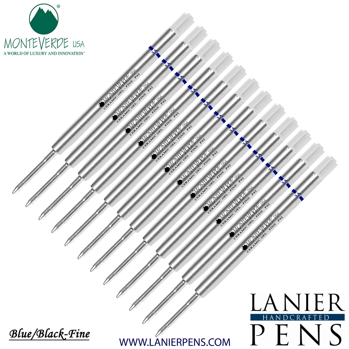 12 Pack - Monteverde Capless Ceramic Gel P42 Ink Refill Compatible with most Parker Style Ballpoint Pens - BlueBlack (Fine Tip 0.6mm) - Lanier Pens