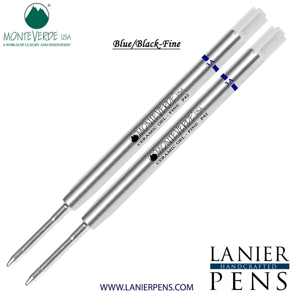 2 Pack - Monteverde Capless Ceramic Gel P42 Ink Refill Compatible with most Parker Style Ballpoint Pens - BlueBlack (Fine Tip 0.6mm) - Lanier Pens