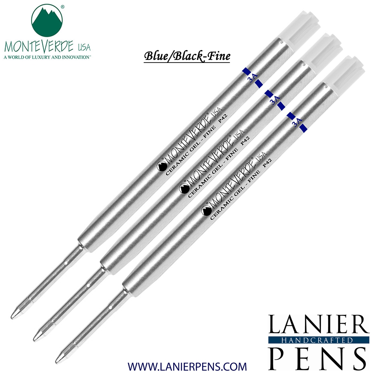 3 Pack - Monteverde Capless Ceramic Gel P42 Ink Refill Compatible with most Parker Style Ballpoint Pens - BlueBlack (Fine Tip 0.6mm) - Lanier Pens