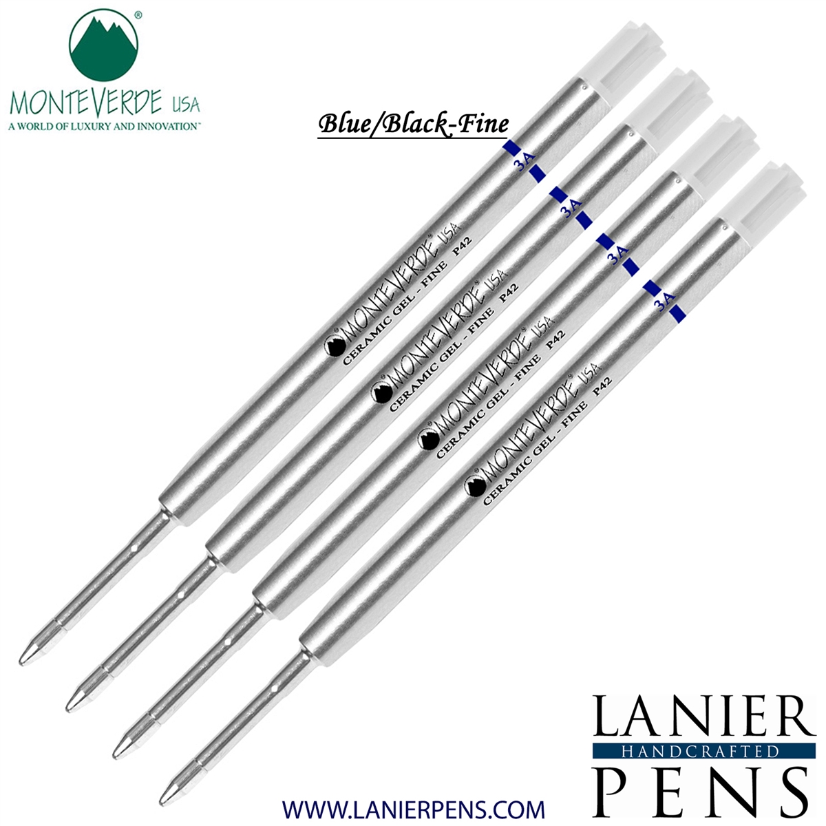 4 Pack - Monteverde Capless Ceramic Gel P42 Ink Refill Compatible with most Parker Style Ballpoint Pens - BlueBlack (Fine Tip 0.6mm) - Lanier Pens