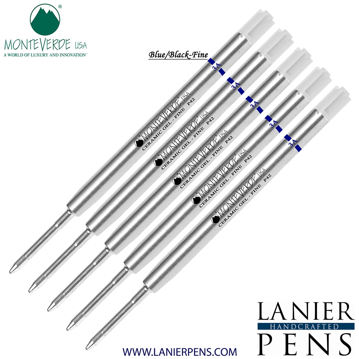 5 Pack - Monteverde Capless Ceramic Gel P42 Ink Refill Compatible with most Parker Style Ballpoint Pens - BlueBlack (Fine Tip 0.6mm) - Lanier Pens