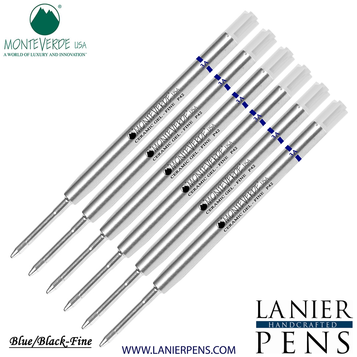 6 Pack - Monteverde Capless Ceramic Gel P42 Ink Refill Compatible with most Parker Style Ballpoint Pens - BlueBlack (Fine Tip 0.6mm) - Lanier Pens