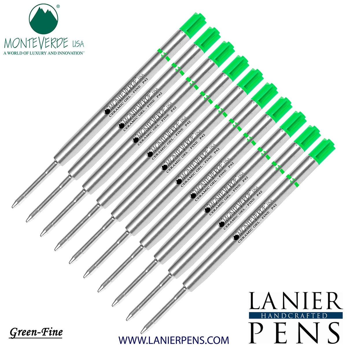 10 Pack - Monteverde Capless Ceramic Gel P42 Ink Refill Compatible with most Parker Style Ballpoint Pens - Green (Fine Tip 0.6mm) - Lanier Pens