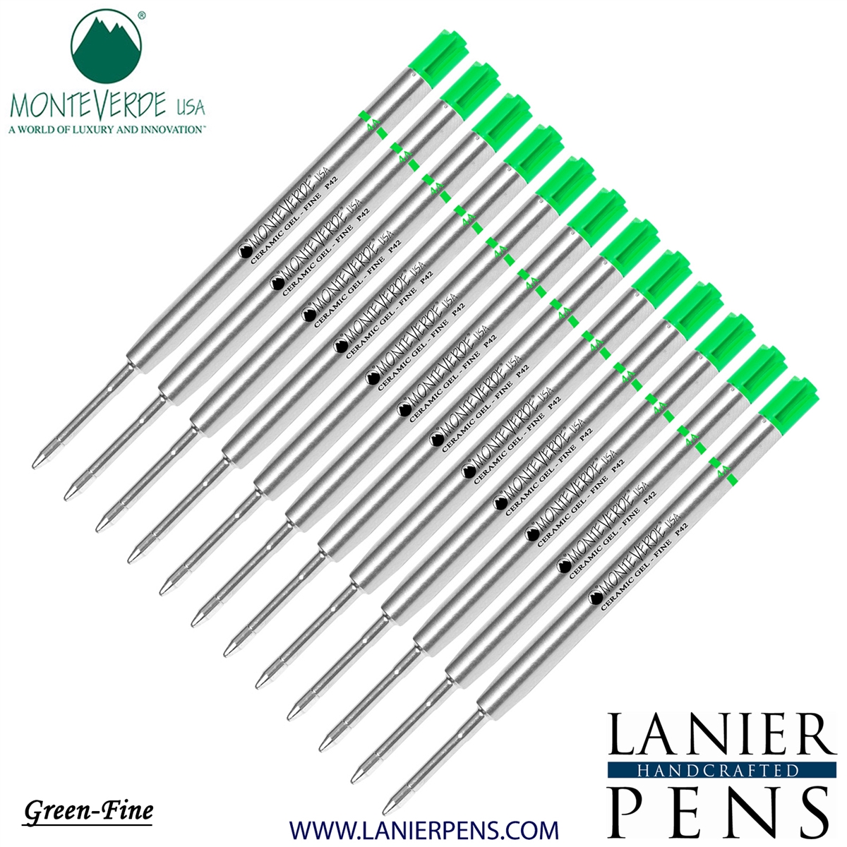 12 Pack - Monteverde Capless Ceramic Gel P42 Ink Refill Compatible with most Parker Style Ballpoint Pens - Green (Fine Tip 0.6mm) - Lanier Pens