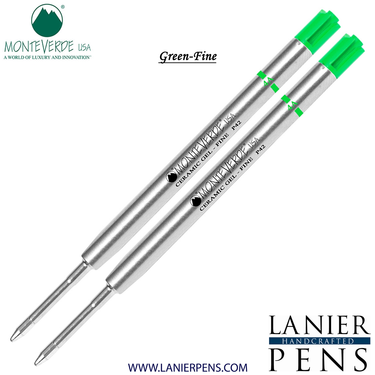 2 Pack - Monteverde Capless Ceramic Gel P42 Ink Refill Compatible with most Parker Style Ballpoint Pens - Green (Fine Tip 0.6mm) - Lanier Pens