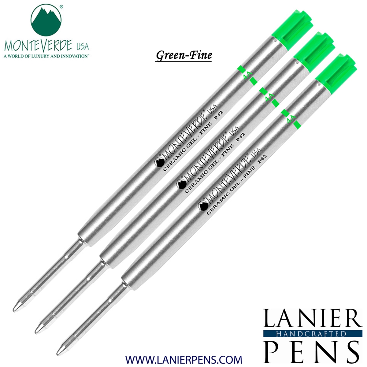 3 Pack - Monteverde Capless Ceramic Gel P42 Ink Refill Compatible with most Parker Style Ballpoint Pens - Green (Fine Tip 0.6mm) - Lanier Pens