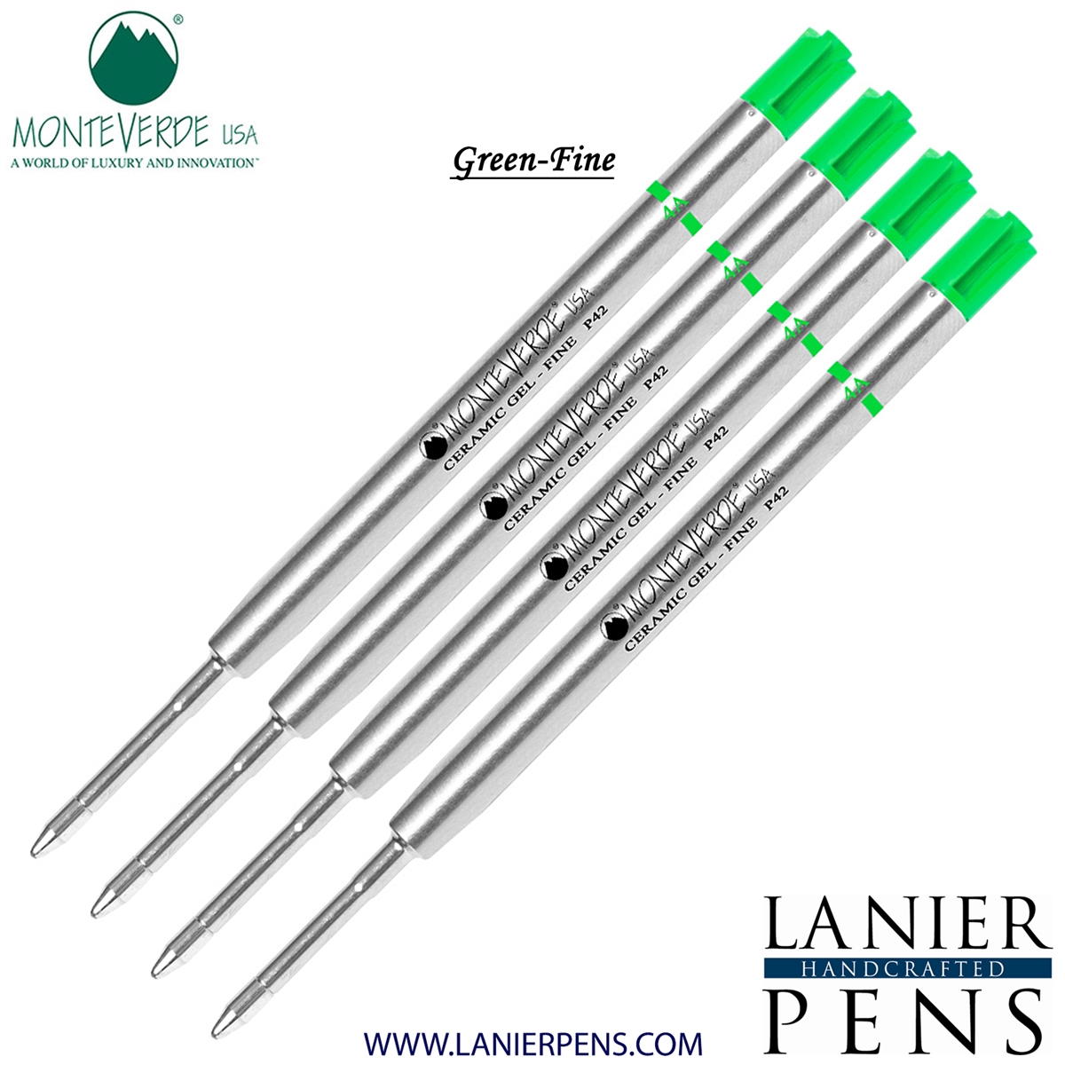 4 Pack - Monteverde Capless Ceramic Gel P42 Ink Refill Compatible with most Parker Style Ballpoint Pens - Green (Fine Tip 0.6mm) - Lanier Pens