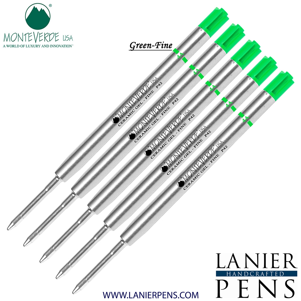 5 Pack - Monteverde Capless Ceramic Gel P42 Ink Refill Compatible with most Parker Style Ballpoint Pens - Green (Fine Tip 0.6mm) - Lanier Pens