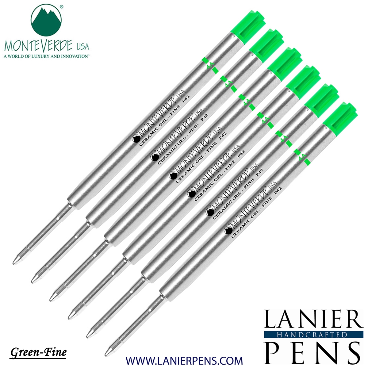 6 Pack - Monteverde Capless Ceramic Gel P42 Ink Refill Compatible with most Parker Style Ballpoint Pens - Green (Fine Tip 0.6mm) - Lanier Pens