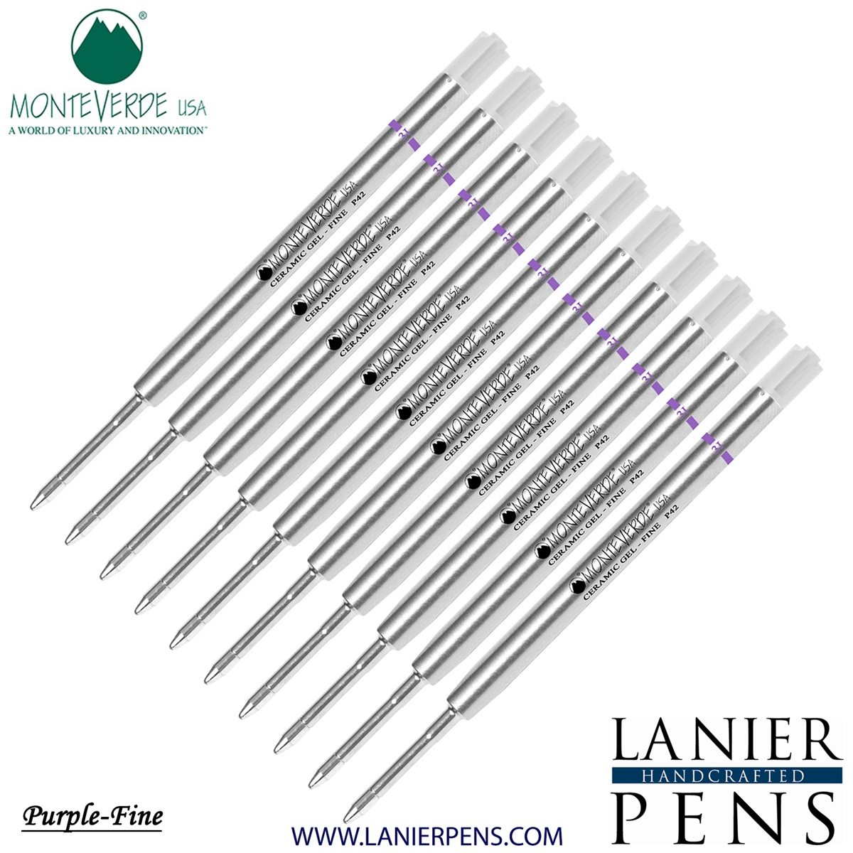 10 Pack - Monteverde Capless Ceramic Gel P42 Ink Refill Compatible with most Parker Style Ballpoint Pens - Purple (Fine Tip 0.6mm) - Lanier Pens