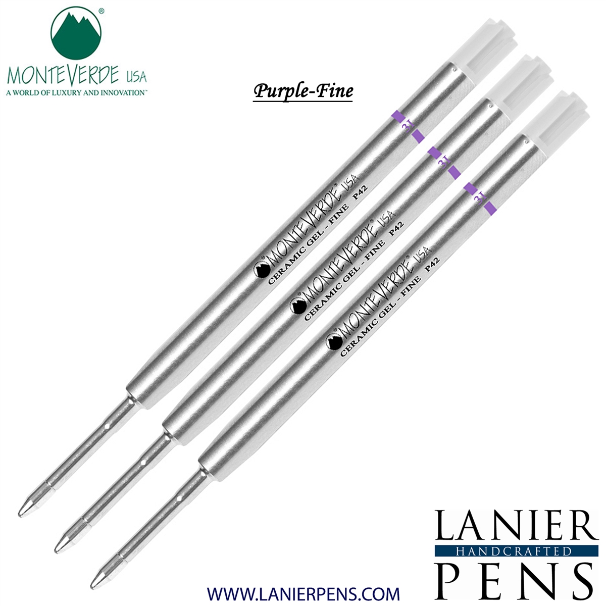 3 Pack - Monteverde Capless Ceramic Gel P42 Ink Refill Compatible with most Parker Style Ballpoint Pens - Purple (Fine Tip 0.6mm) - Lanier Pens