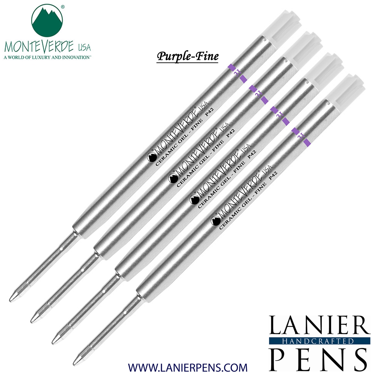 4 Pack - Monteverde Capless Ceramic Gel P42 Ink Refill Compatible with most Parker Style Ballpoint Pens - Purple (Fine Tip 0.6mm) - Lanier Pens