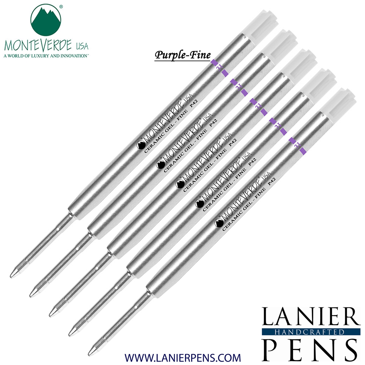 5 Pack - Monteverde Capless Ceramic Gel P42 Ink Refill Compatible with most Parker Style Ballpoint Pens - Purple (Fine Tip 0.6mm) - Lanier Pens