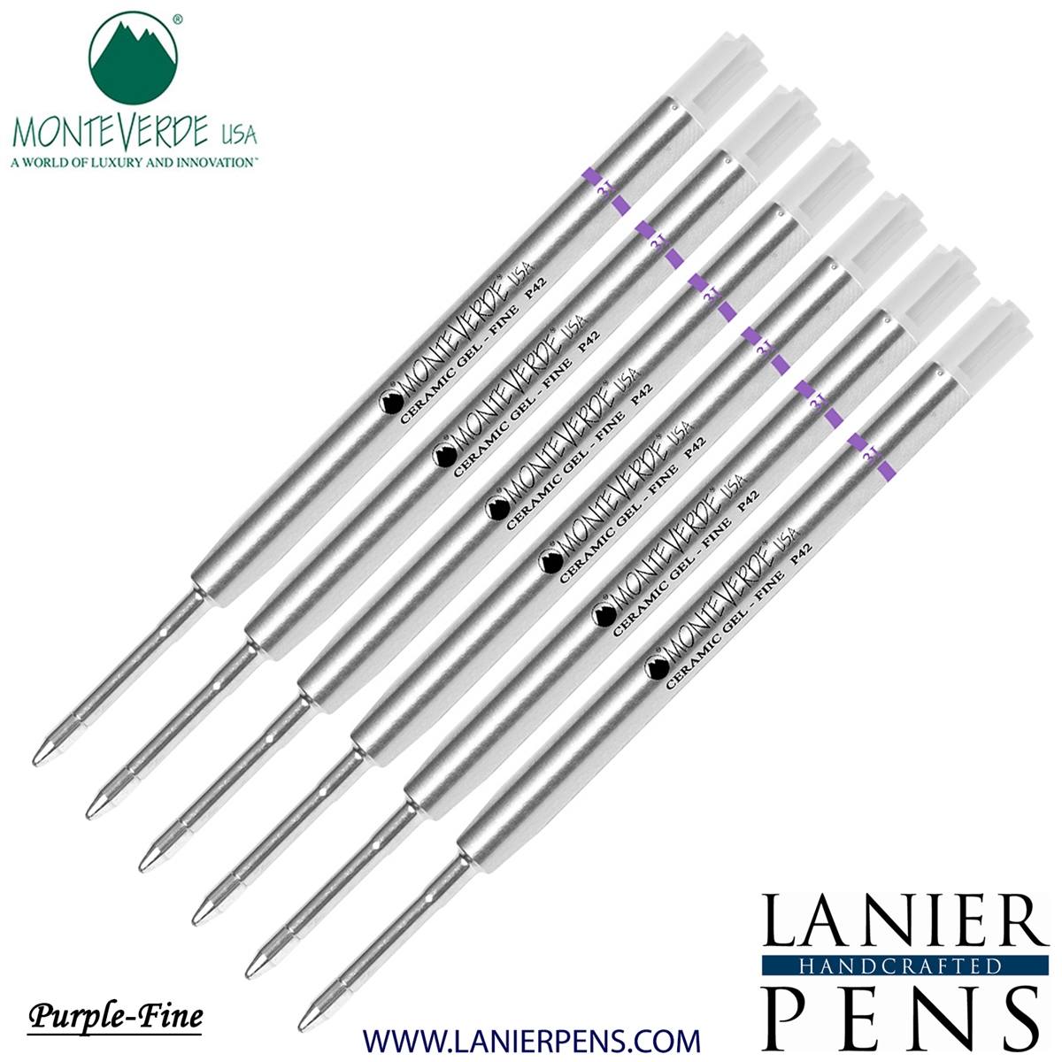 6 Pack - Monteverde Capless Ceramic Gel P42 Ink Refill Compatible with most Parker Style Ballpoint Pens - Purple (Fine Tip 0.6mm) - Lanier Pens
