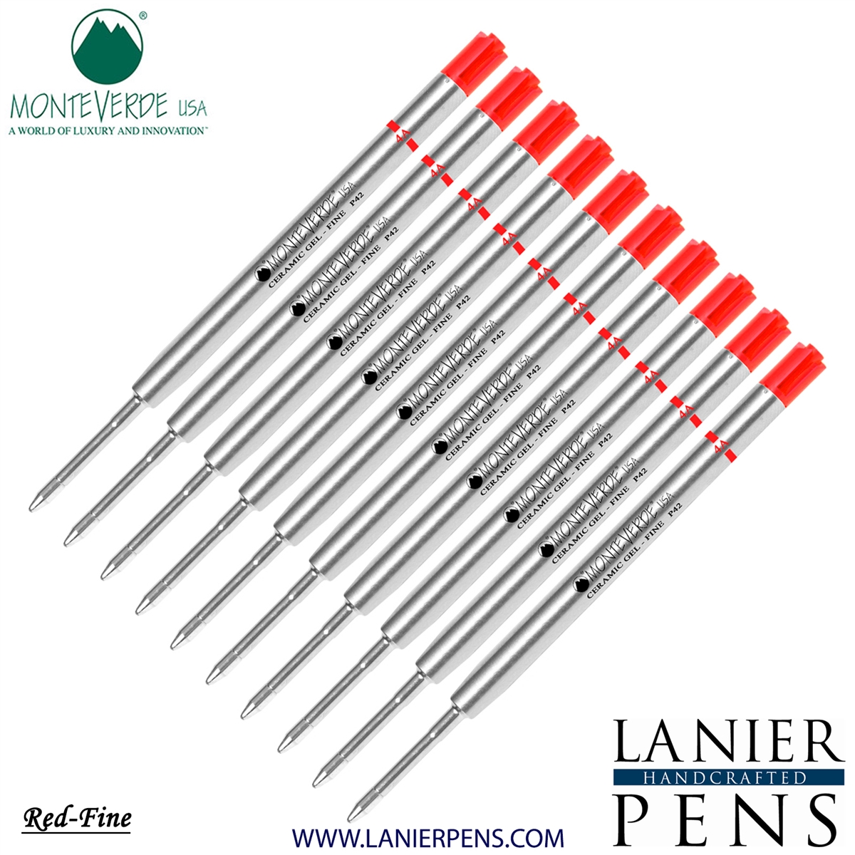 10 Pack - Monteverde Capless Ceramic Gel P42 Ink Refill Compatible with most Parker Style Ballpoint Pens - Red (Fine Tip 0.6mm) - Lanier Pens