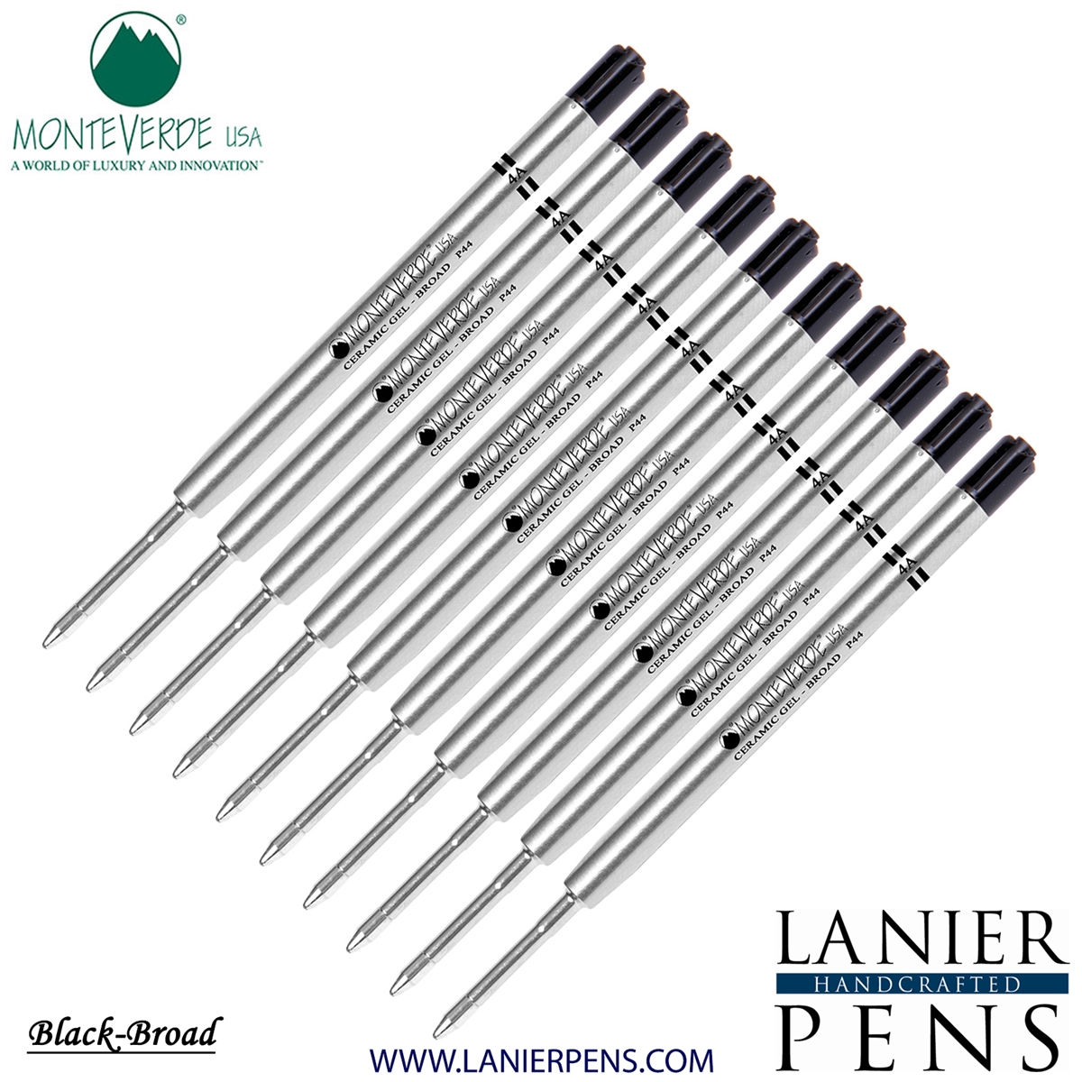 10 Pack - Monteverde Capless Ceramic Gel P44 Ink Refill Compatible with most Parker Style Ballpoint Pens - Black (Broad Tip 0.9mm) - Lanier Pens