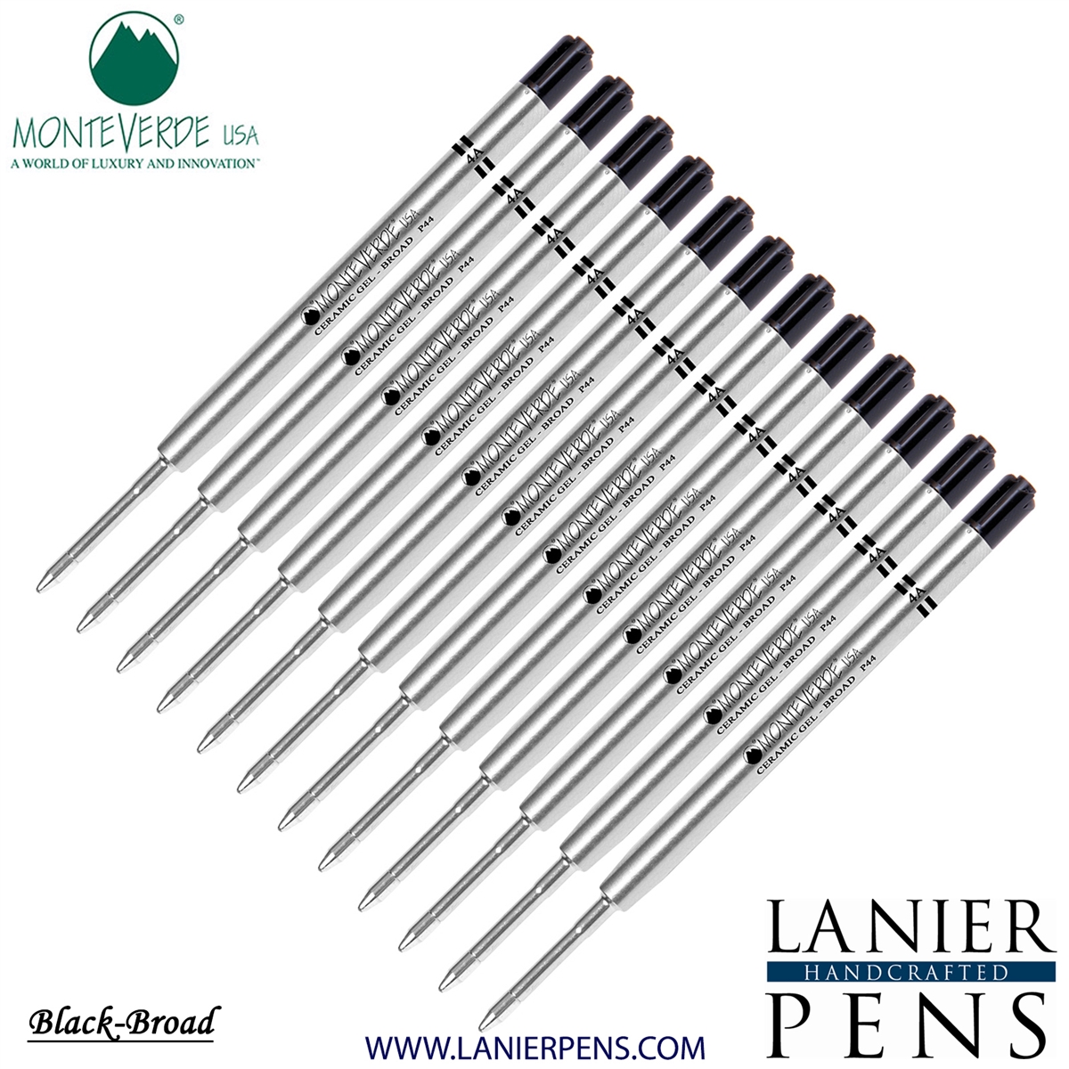 12 Pack - Monteverde Capless Ceramic Gel P44 Ink Refill Compatible with most Parker Style Ballpoint Pens - Black (Broad Tip 0.9mm) - Lanier Pens