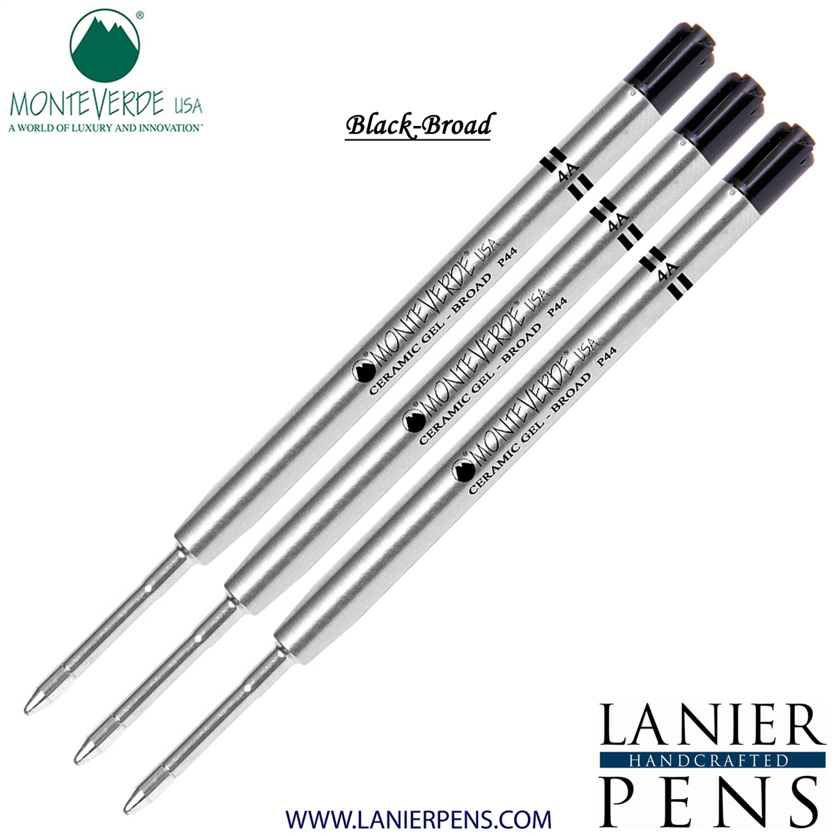 3 Pack - Monteverde Capless Ceramic Gel P44 Ink Refill Compatible with most Parker Style Ballpoint Pens - Black (Broad Tip 0.9mm) - Lanier Pens