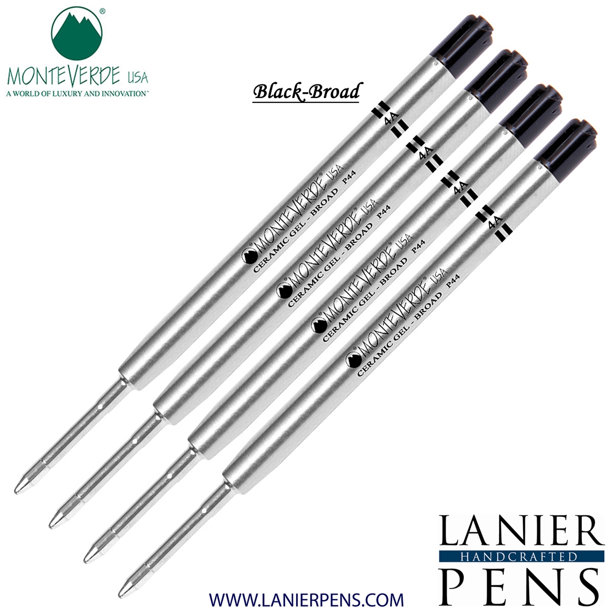 4 Pack - Monteverde Capless Ceramic Gel P44 Ink Refill Compatible with most Parker Style Ballpoint Pens - Black (Broad Tip 0.9mm) - Lanier Pens