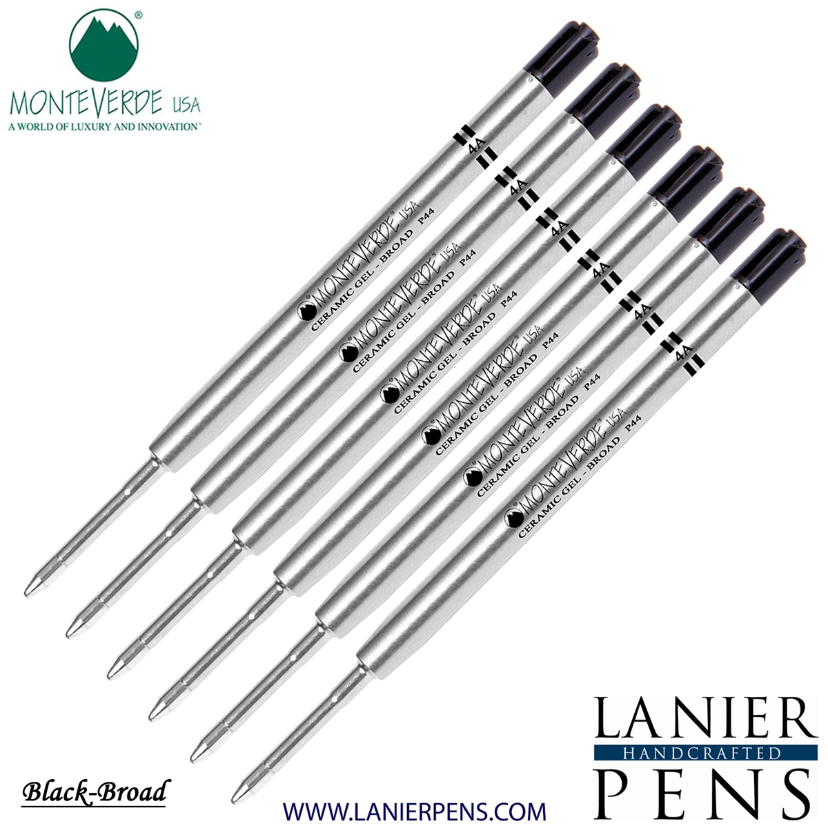 6 Pack - Monteverde Capless Ceramic Gel P44 Ink Refill Compatible with most Parker Style Ballpoint Pens - Black (Broad Tip 0.9mm) - Lanier Pens