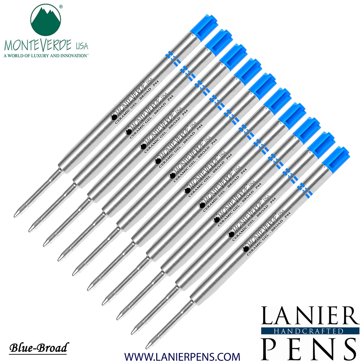 10 Pack - Monteverde Capless Ceramic Gel P44 Ink Refill Compatible with most Parker Style Ballpoint Pens - Blue (Broad Tip 0.9mm) - Lanier Pens