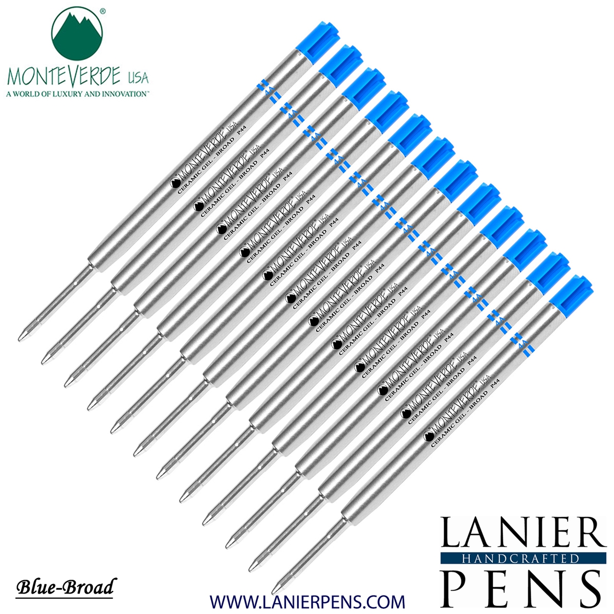 12 Pack - Monteverde Capless Ceramic Gel P44 Ink Refill Compatible with most Parker Style Ballpoint Pens - Blue (Broad Tip 0.9mm) - Lanier Pens