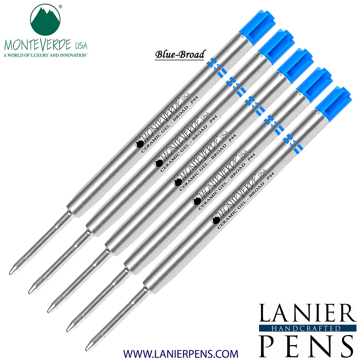 5 Pack - Monteverde Capless Ceramic Gel P44 Ink Refill Compatible with most Parker Style Ballpoint Pens - Blue (Broad Tip 0.9mm) - Lanier Pens