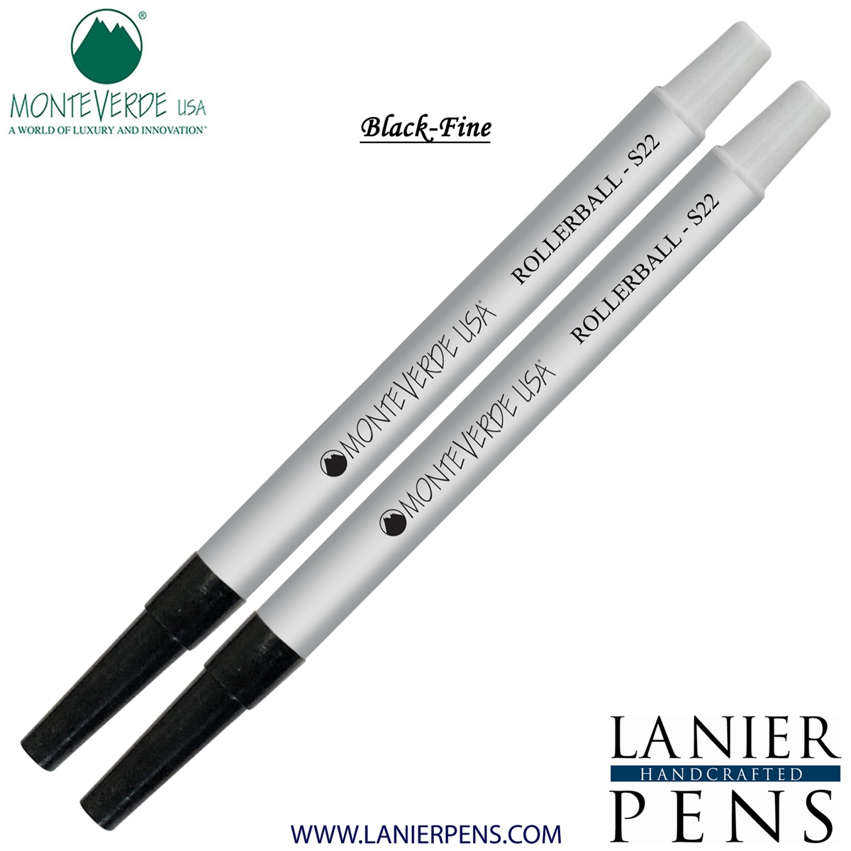 2 Pack - Monteverde Rollerball S22 Paste Ink Refill Compatible with most Sheaffer Style Rollerball Pens - Black (Fine Tip 0.6mm) - Lanier Pens