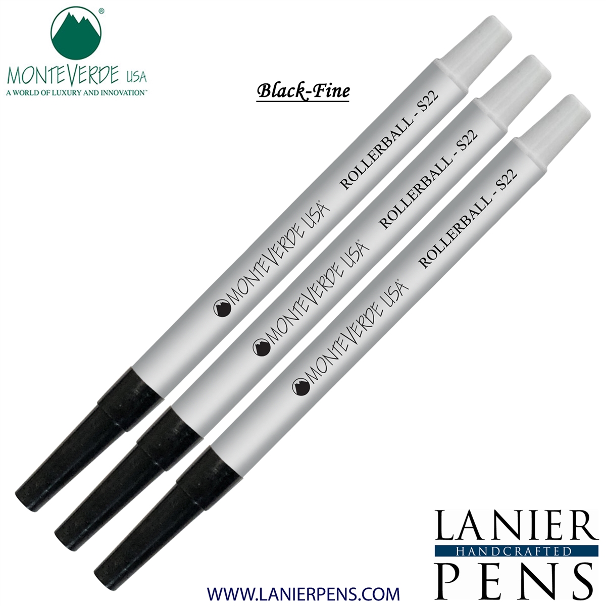 3 Pack - Monteverde Rollerball S22 Paste Ink Refill Compatible with most Sheaffer Style Rollerball Pens - Black (Fine Tip 0.6mm) - Lanier Pens