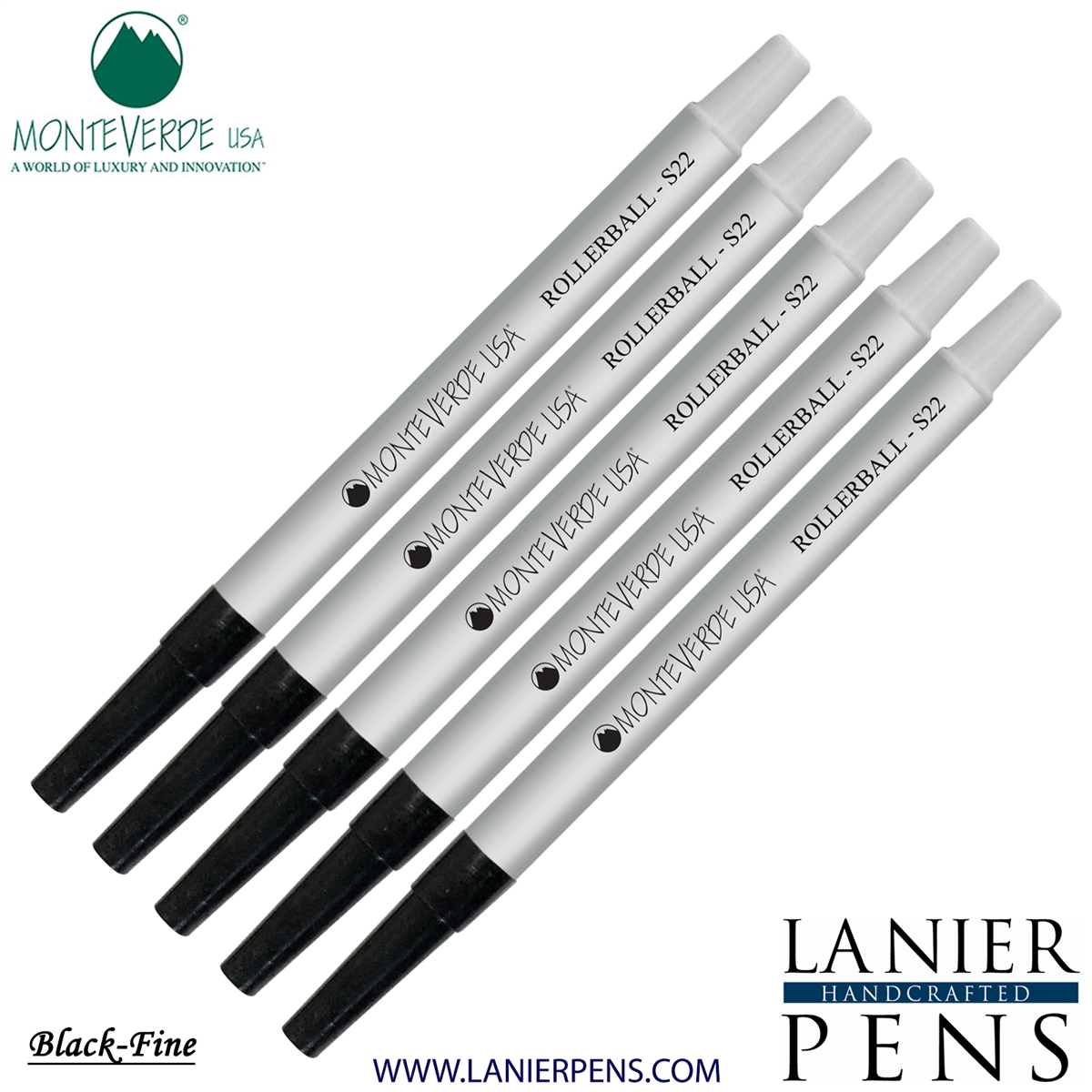 5 Pack - Monteverde Rollerball S22 Paste Ink Refill Compatible with most Sheaffer Style Rollerball Pens - Black (Fine Tip 0.6mm) - Lanier Pens