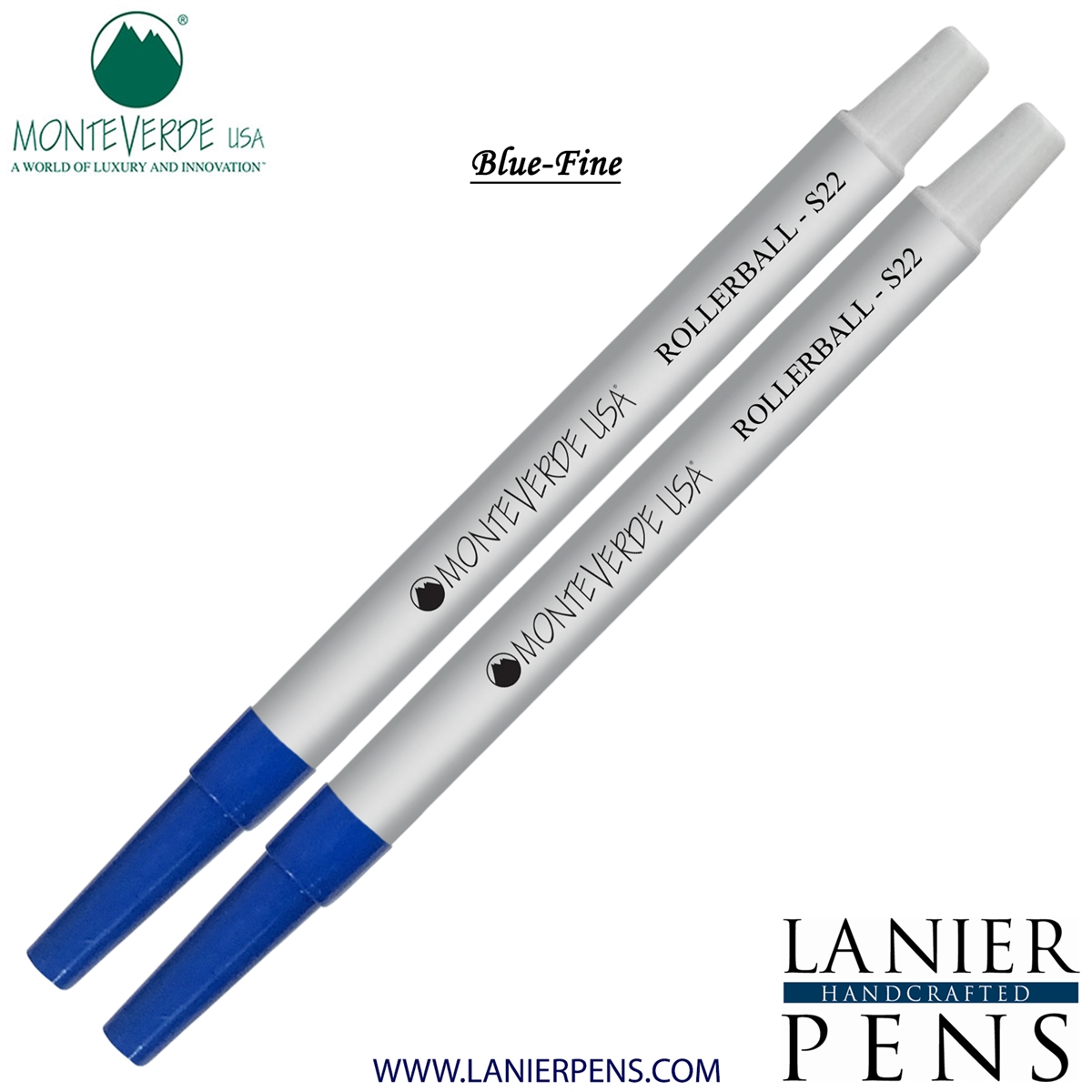 2 Pack - Monteverde Rollerball S22 Paste Ink Refill Compatible with most Sheaffer Style Rollerball Pens - Blue (Fine Tip 0.6mm) - Lanier Pens