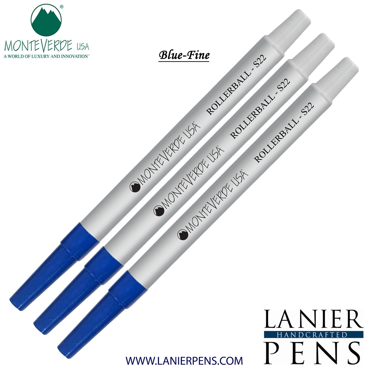 3 Pack - Monteverde Rollerball S22 Paste Ink Refill Compatible with most Sheaffer Style Rollerball Pens - Blue (Fine Tip 0.6mm) - Lanier Pens