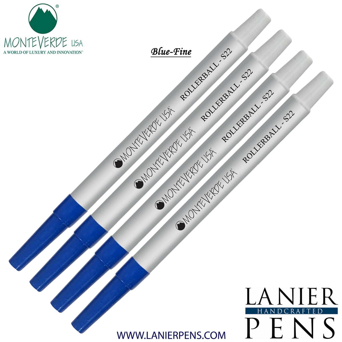 4 Pack - Monteverde Rollerball S22 Paste Ink Refill Compatible with most Sheaffer Style Rollerball Pens - Blue (Fine Tip 0.6mm) - Lanier Pens