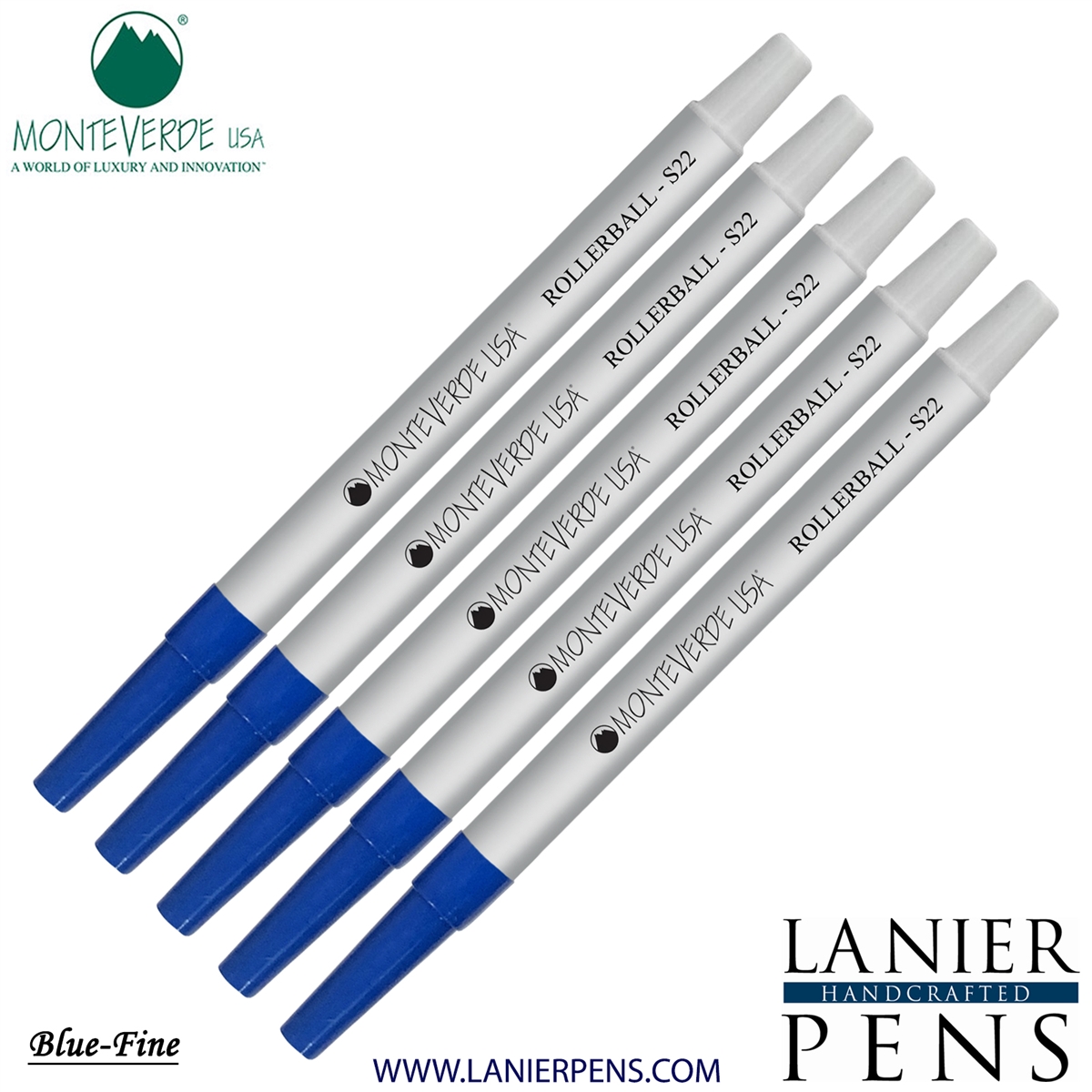 5 Pack - Monteverde Rollerball S22 Paste Ink Refill Compatible with most Sheaffer Style Rollerball Pens - Blue (Fine Tip 0.6mm) - Lanier Pens